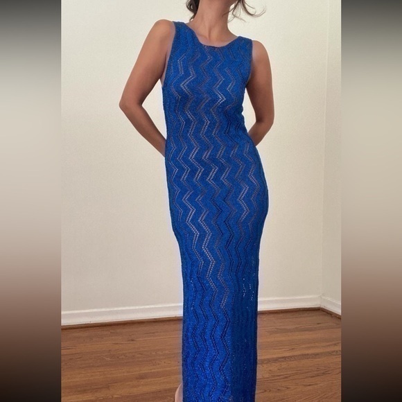 Crochet Knit Sparkly Blue Maxi Coverup NWT - Picture 1 of 7